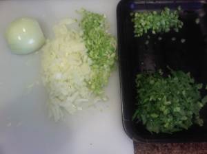 Finely chopped onions and celery - you can also add the celery leaves