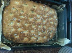 The focaccia bread, hot out of the oven